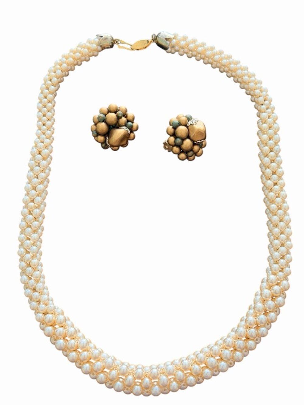 Vintage Made In Japan pearl and beaded necklace 24” and Clip On earrings